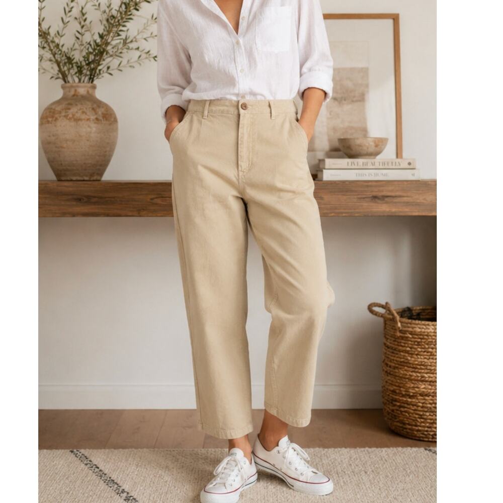 THE GREAT. High Rise Cotton Chino Pants Khaki Relaxed Ankle Length Womens SZ 28